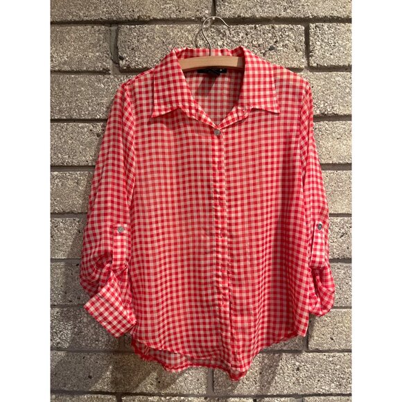 Red & White Gingham Button-Up Blouse By Living Doll Los Angeles Size M - Picture 1 of 7